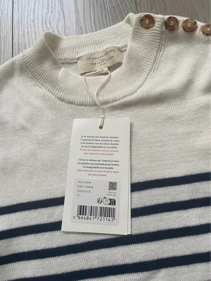 Sézane Mona jumper, ecru and navy, stripes, short sleeves, NWT, - photo 5