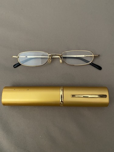 Compact Reading Glasses w/Metal Gold Case & Clip 1.25