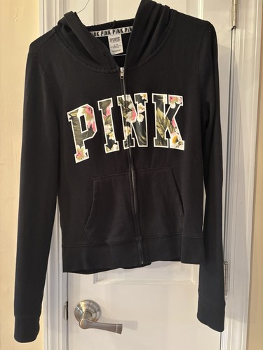 Victoria Secret Pink Hoodie Black Zip Sweatshirt, Size M