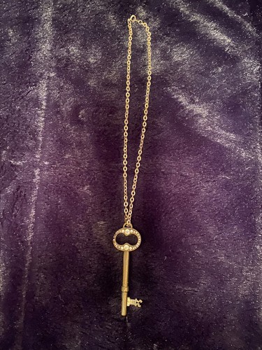 Antique Gold Key Charm With Rhinestones On 16” Necklace