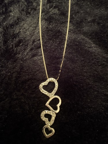 Four Hearts With Rhinestones Dangling Charm W/ 18” Silver Chain