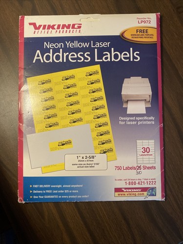 30 Sheets/Address Labels 1 x 2 5/8", Neon Yellow by Viking