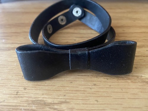 Black bow leather bracelet with double band wraparound