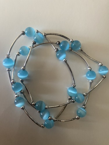 Aqua Blue Bead with White Cat Eye look and Silver Bars - Triple