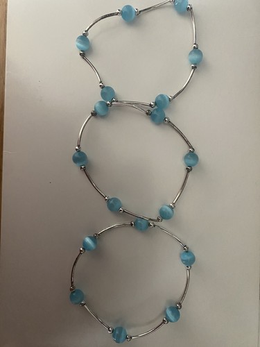Aqua Blue Bead with White Cat Eye look and Silver Bars - Triple - photo 2