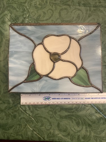 Vintage 1970s Stained Glass White And Blue Floral Jewelry Box