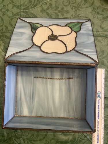 Vintage 1970s Stained Glass White And Blue Floral Jewelry Box - photo 2