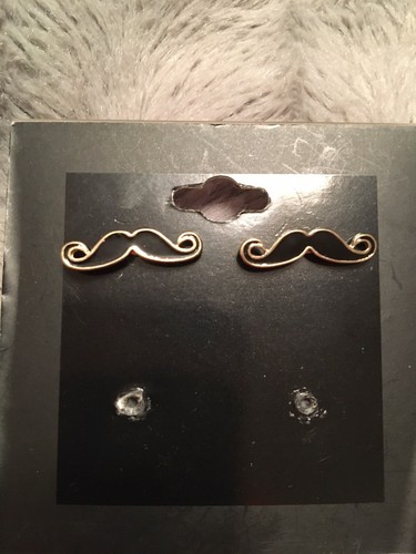 Black Earring Mustache with gold outline - post style with back