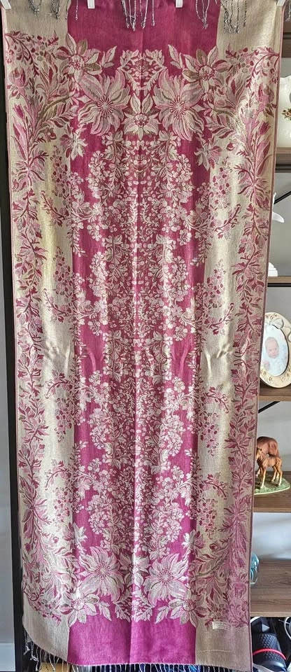 $18 OBO Pashmina scarf - pink, burgundy, gold