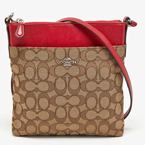 COACH Beige/Red Signature Jacquard Crossbody Bag