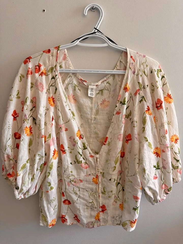H&M Floral Print Deep Neck Linen Blouse