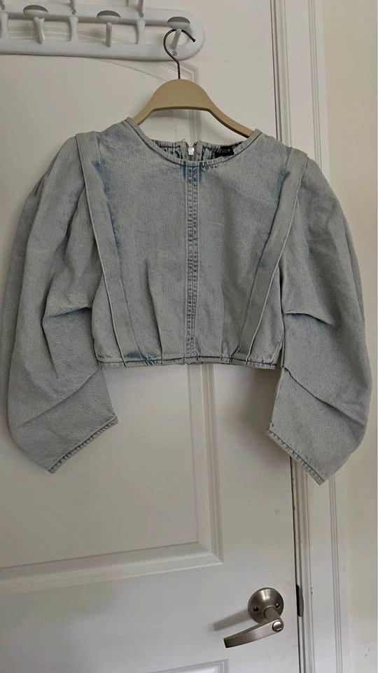 Zara Denim Cropped Puff Sleeve Top Size XS