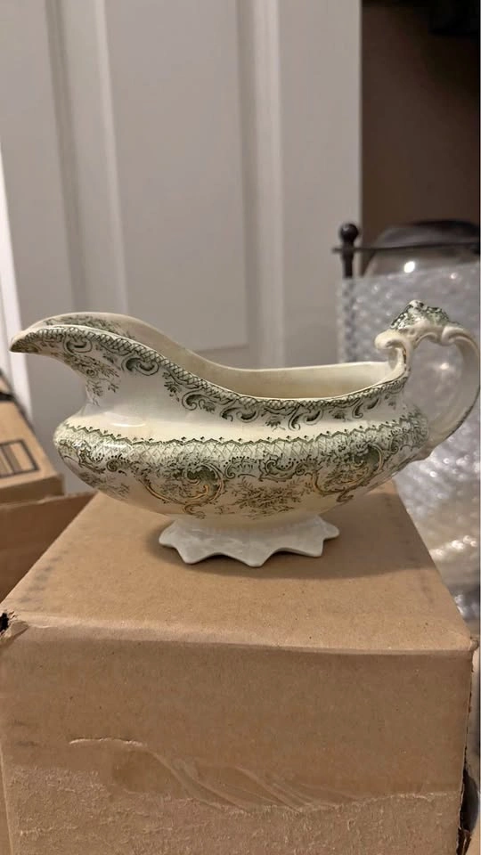 Vintage Green Transferware Gravy Boat