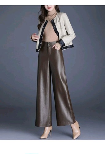 HaoMay Women's Faux Leather High Rise Wide Leg Pants Brown S