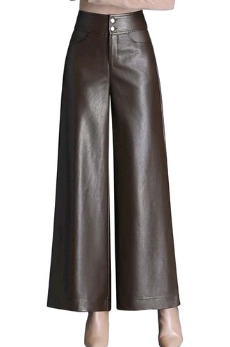 HaoMay Women's Faux Leather High Rise Wide Leg Pants Brown S - photo 5