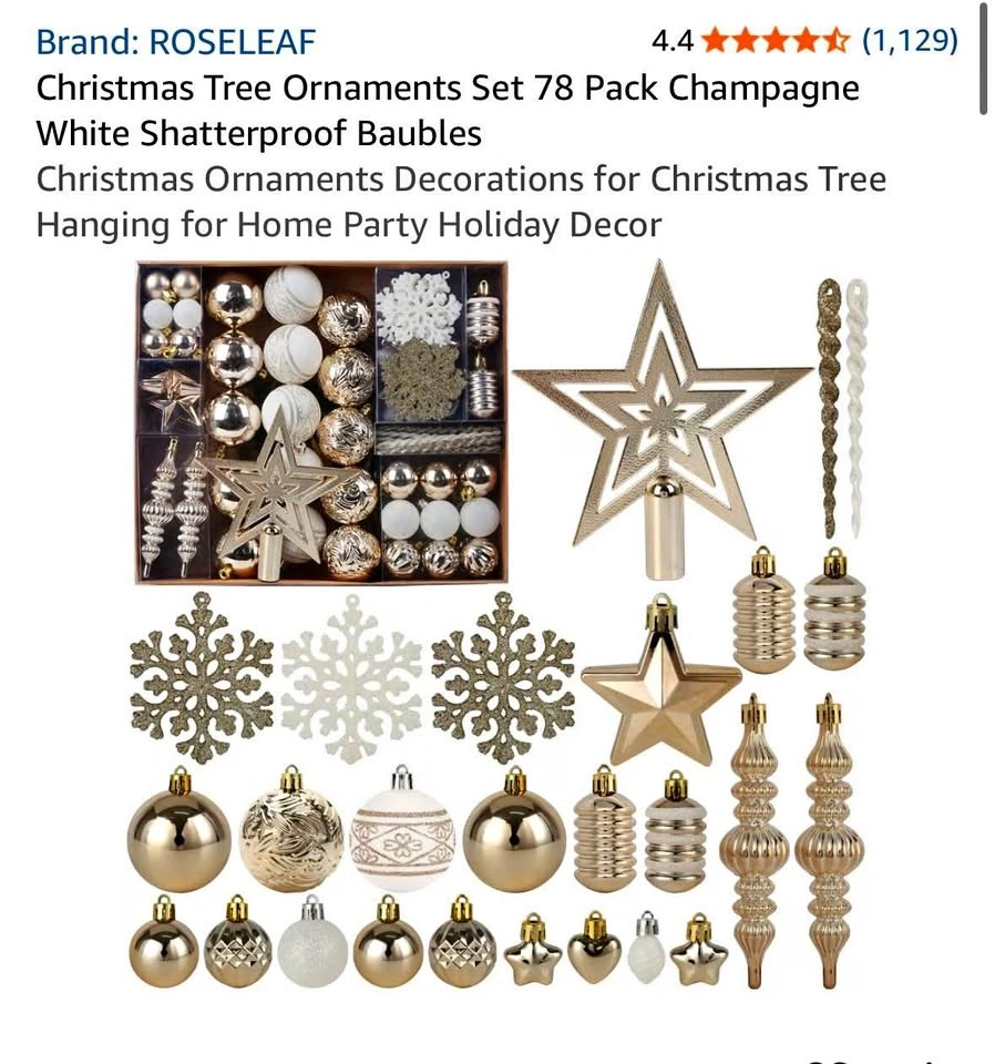 ROSELEAF Christmas Tree Ornaments Set 78 Pack Champagne White
