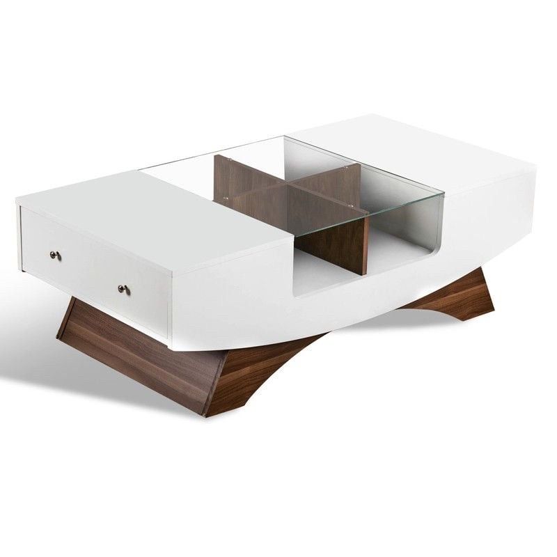 Modern White Coffee Table with Glass Top (No Drawer)