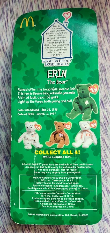 🧸🍀Rare Misprint Ty Teeny Beanie Baby Erin the Bear - photo 2