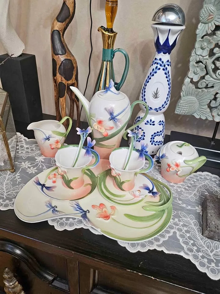 Vintage Tea/Coffee Set with Dragonflies & Orchid thumbnail