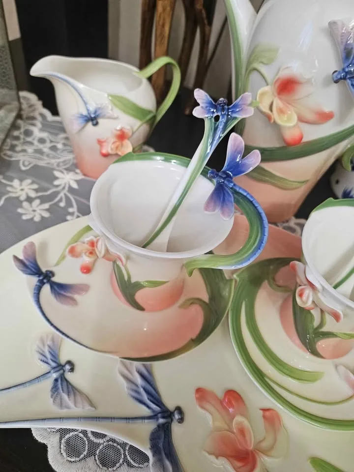 Vintage Tea/Coffee Set with Dragonflies & Orchid image indicator(2)