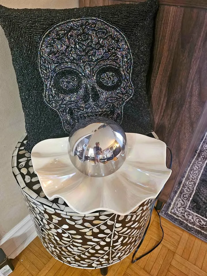 Vintage pearl ceramic light with big glass globe thumbnail