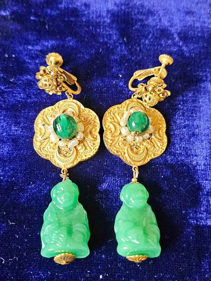 Miriam Haskell rare green jade earrings thumbnail