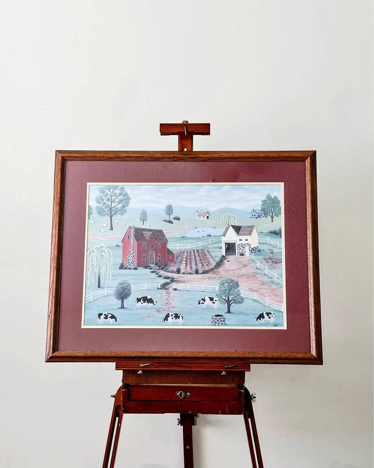 Folk Art Farm Scene Framed Vintage Painting 30x24