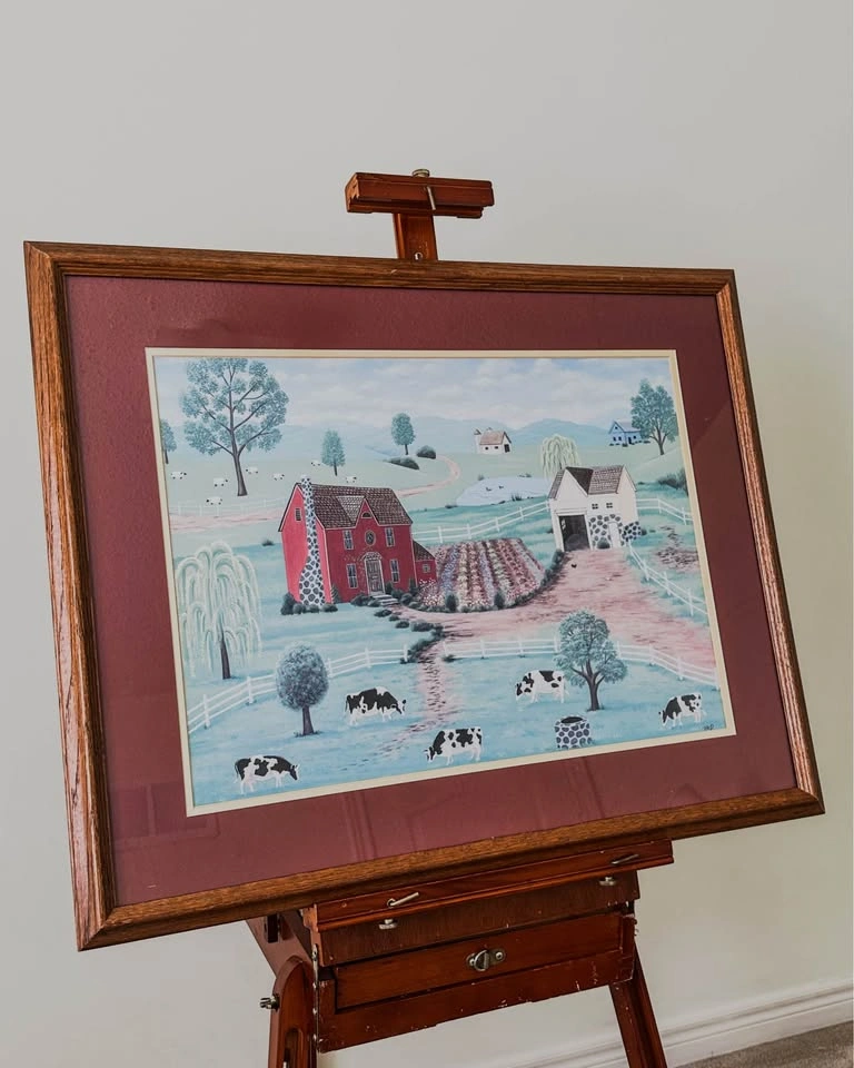 Folk Art Farm Scene Framed Vintage Painting 30x24 - photo 2