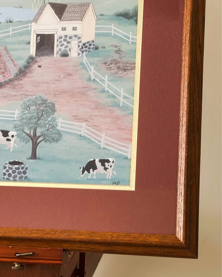 Folk Art Farm Scene Framed Vintage Painting 30x24 - photo 3
