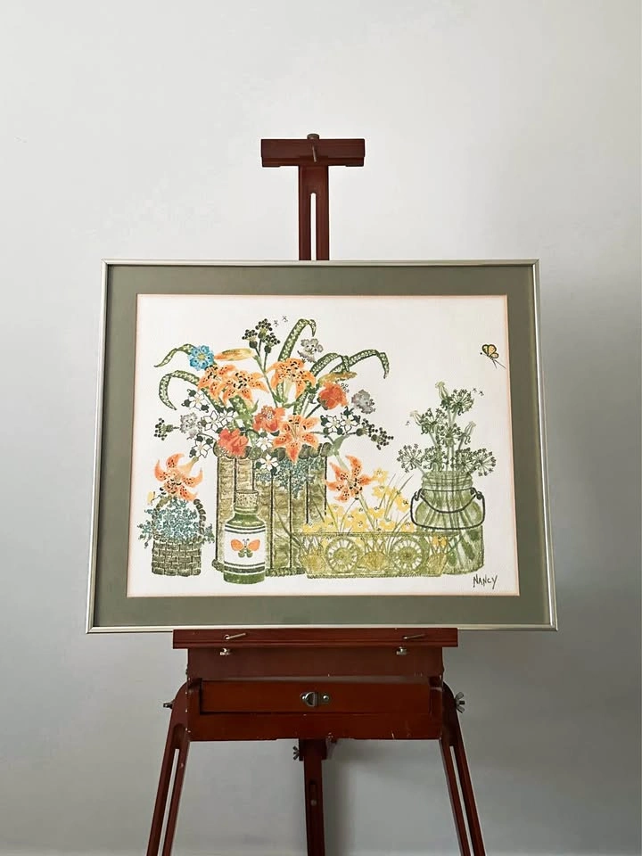 1970s Vintage Nancy Solberg Water Colour Floral Botanical Framed
