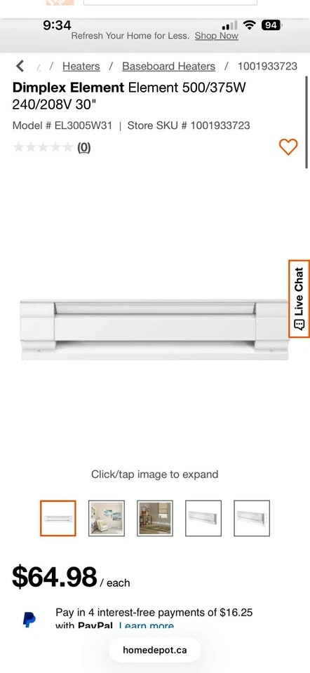 Dimplex Element 500W 240/208V 30" Electric Baseboard Heater