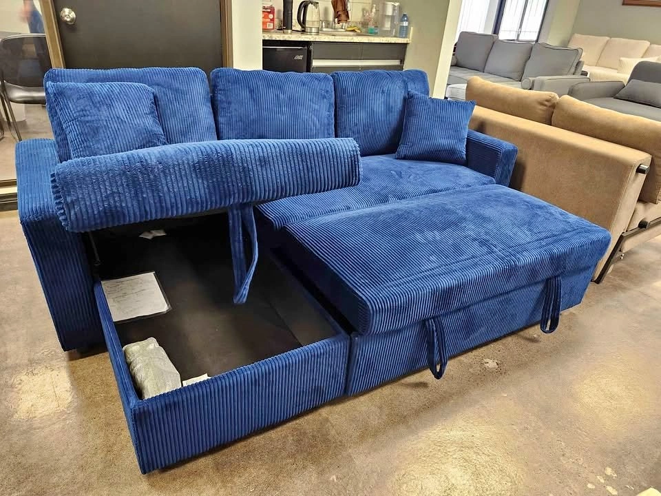 Blue Corduroy 3 Seater Pull Out Sofa Bed with Storage