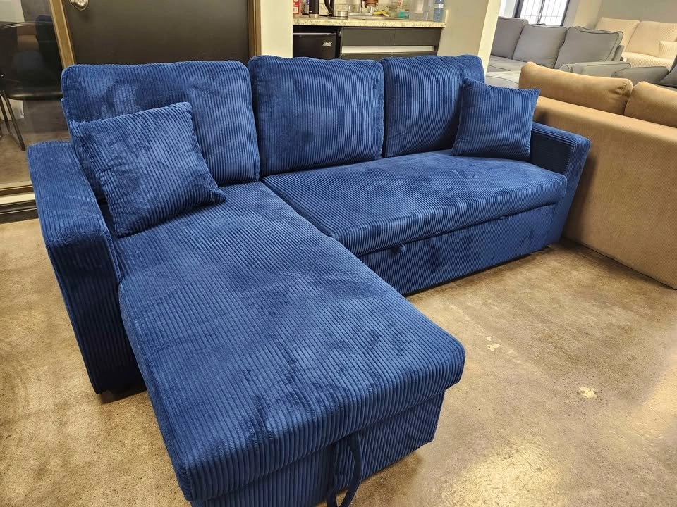 Blue Corduroy 3 Seater Pull Out Sofa Bed with Storage - photo 2
