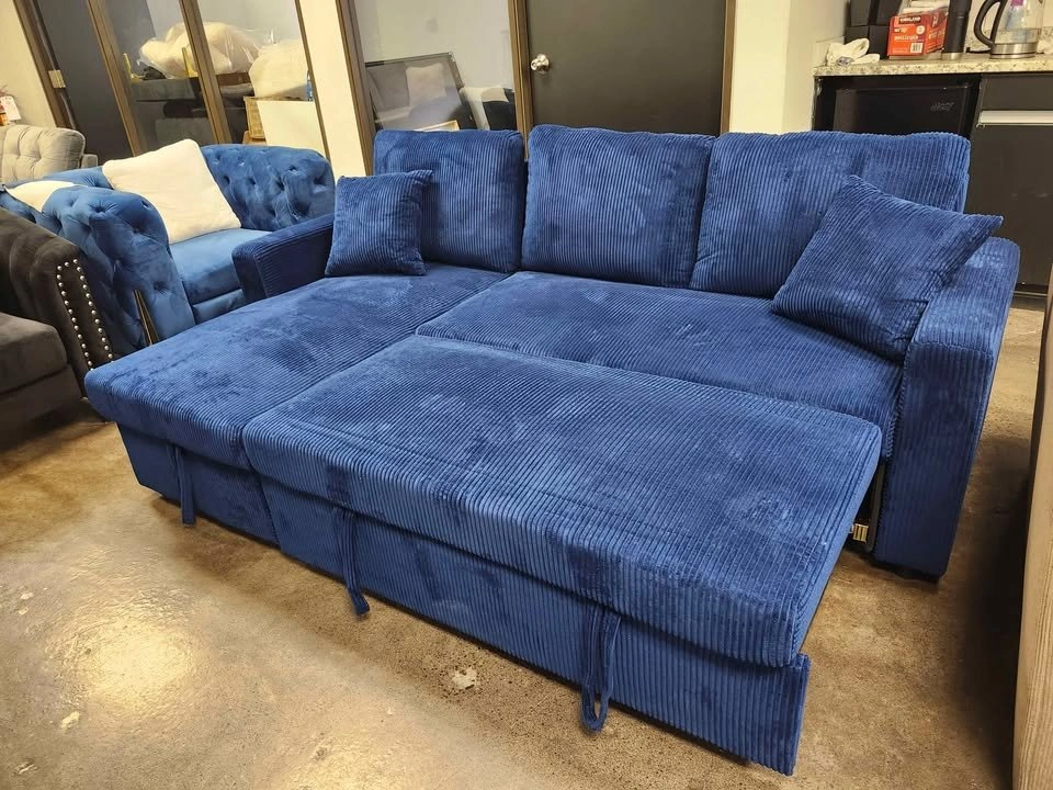 Blue Corduroy 3 Seater Pull Out Sofa Bed with Storage - photo 3