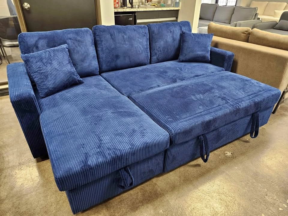 Blue Corduroy 3 Seater Pull Out Sofa Bed with Storage - photo 4