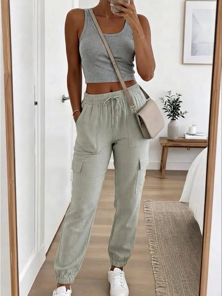 Nicole Miller 100% Linen Sage Drawstring Cargo Jogger Pants Sz M