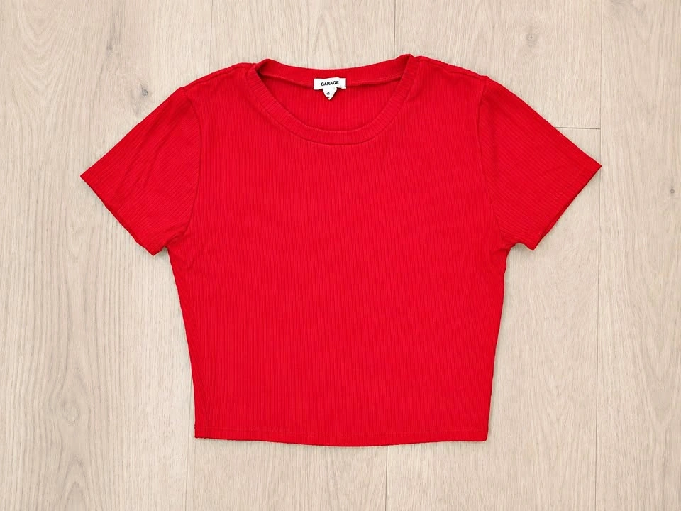 Garage Red Ribbed Crop T-Shirt – Size XS