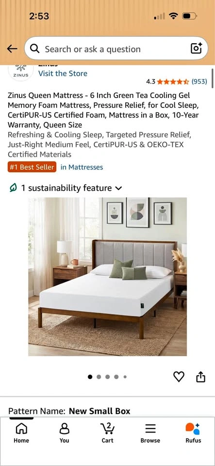 Zinus Queen Mattress - 6 Inch Green Tea Cooling Gel Memory Foam