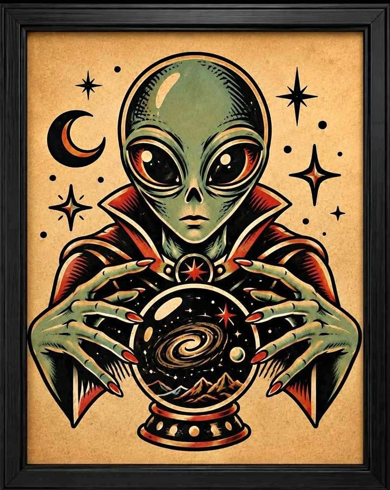 Alien Fortune Teller Tattoo Style Framed Art