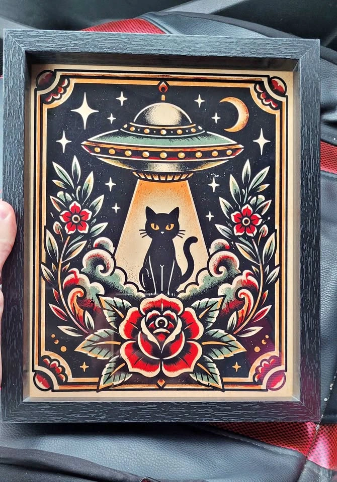Traditional Tattoo Style Black Cat UFO Art Print