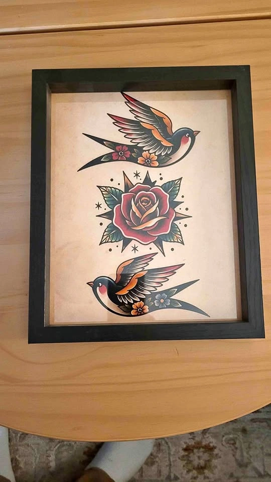 Traditional Tattoo Style Swallows and Rose Framed Art