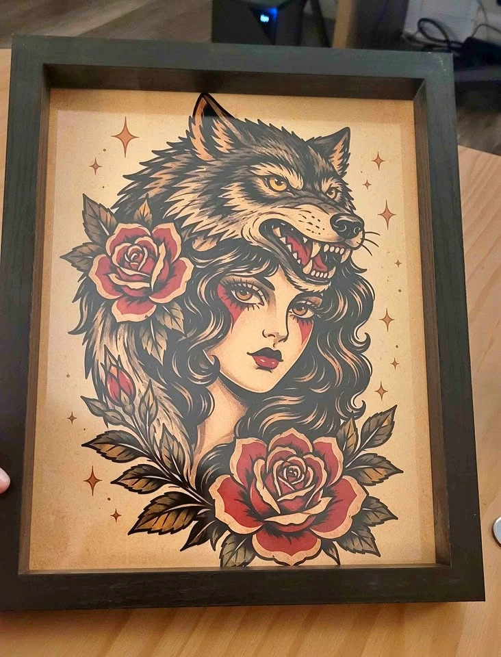 Framed Traditional Tattoo Style Wolf Headdress Art Print