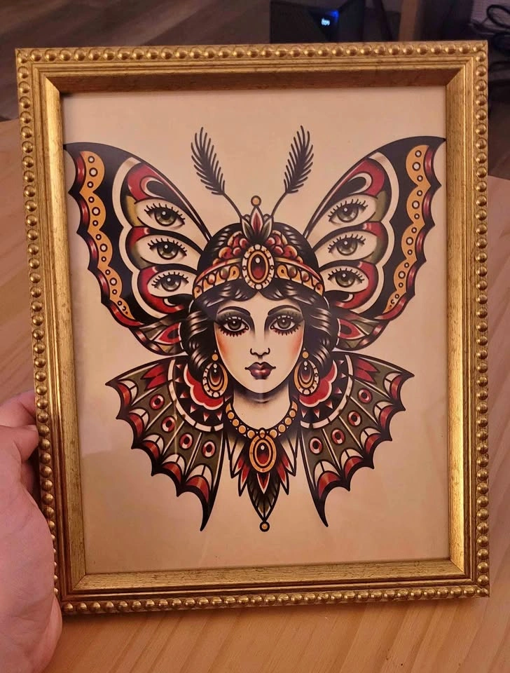 Traditional Tattoo Style Butterfly Woman Framed Art