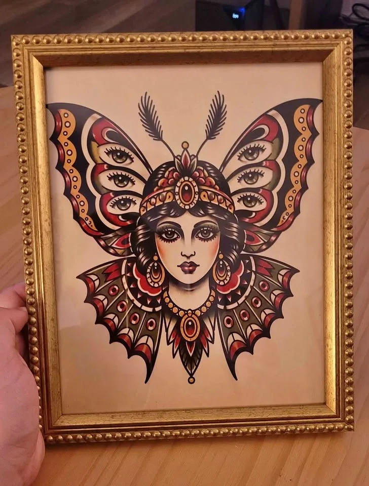 Traditional Tattoo Style Butterfly Woman Framed Art