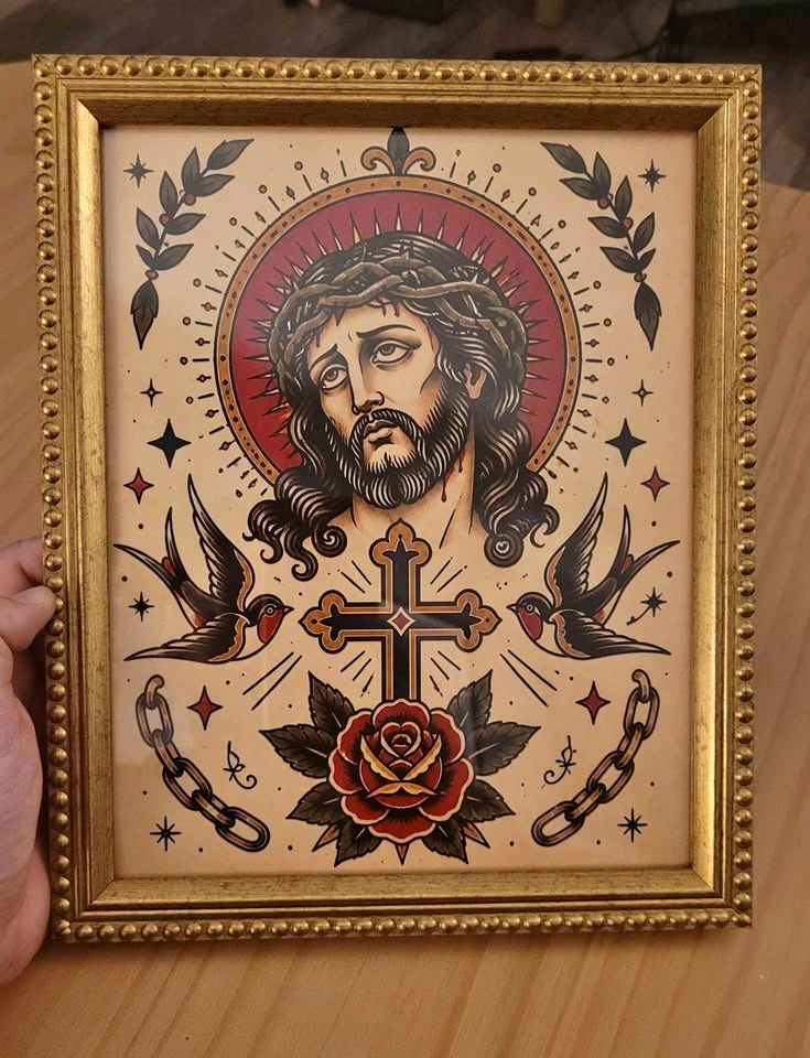 Traditional Tattoo Style Jesus Christ Framed Art