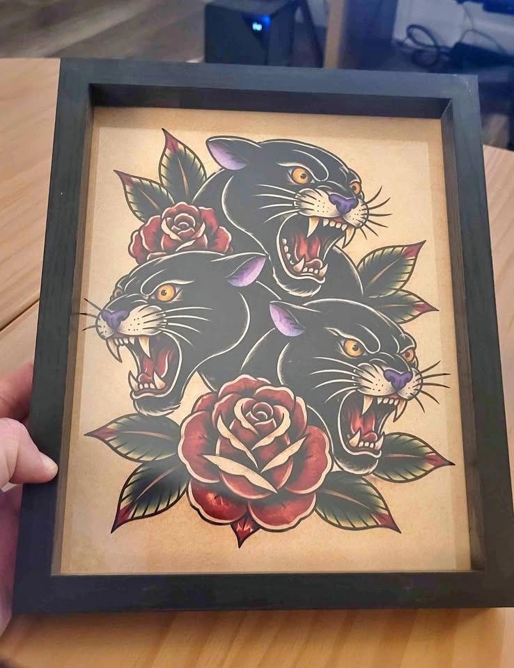Framed Traditional Tattoo Style Panther and Rose Art Print