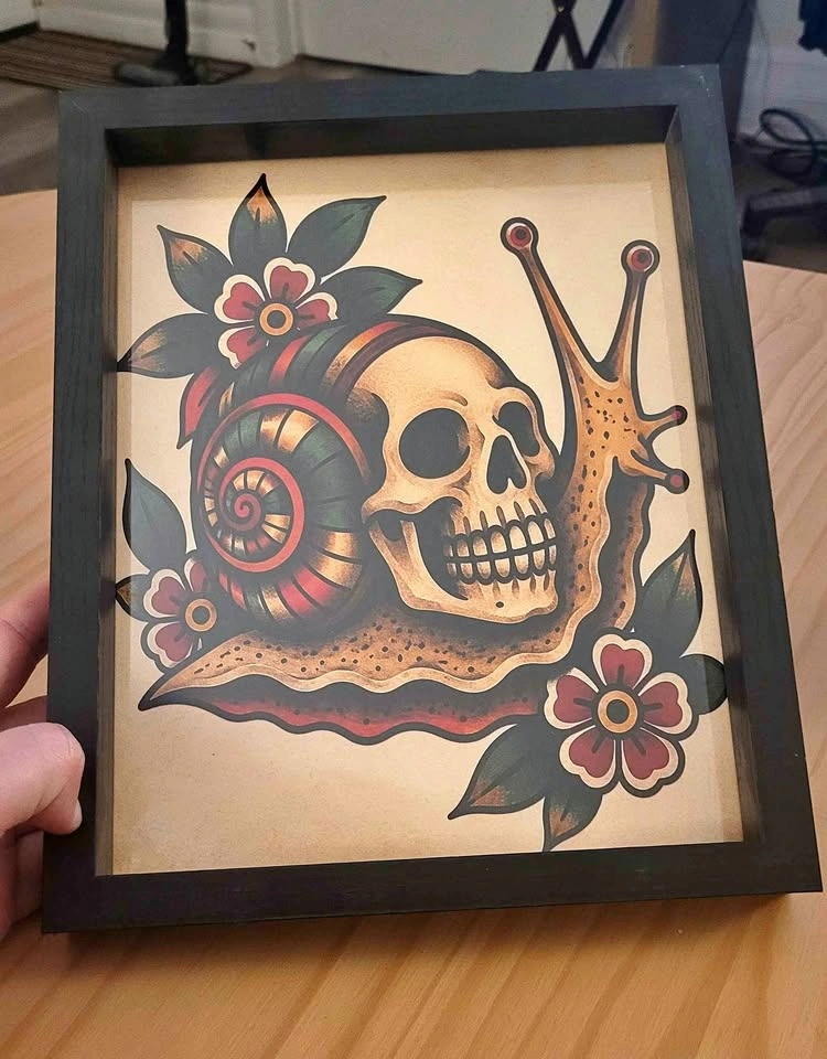 Framed Traditional Tattoo Style Skull Snail Art Print
