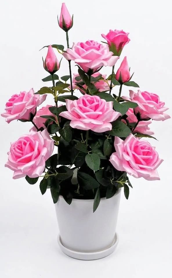 Artificial Pink Rose Plant in White Ceramic Pot