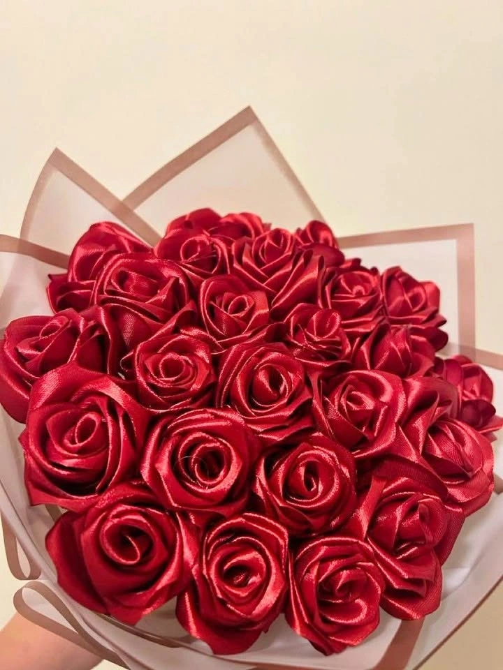Handmade Red Satin Ribbon Rose Bouquet