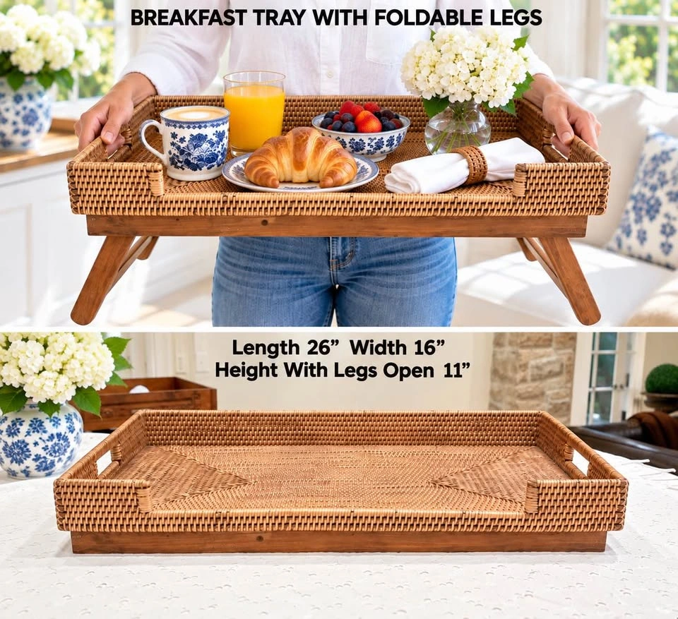 Rattan Breakfast Tray With Foldable Wooden Legs